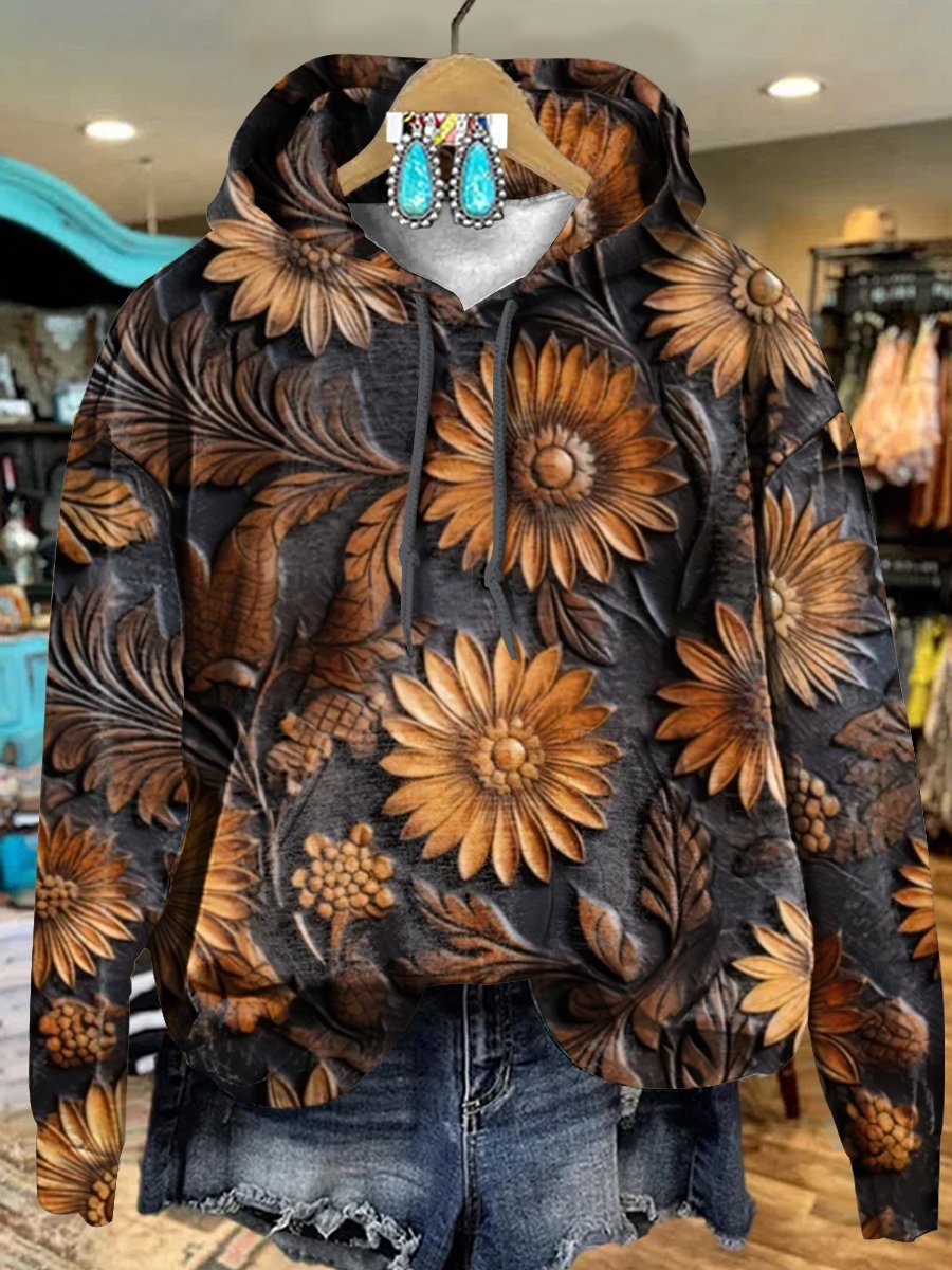 Retro Brown Floral Art Print Casual Hoodie Sweatshirt