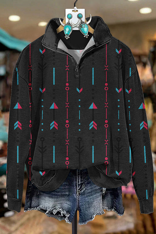 Western Contrast Arrow Zipper Sweatshirt