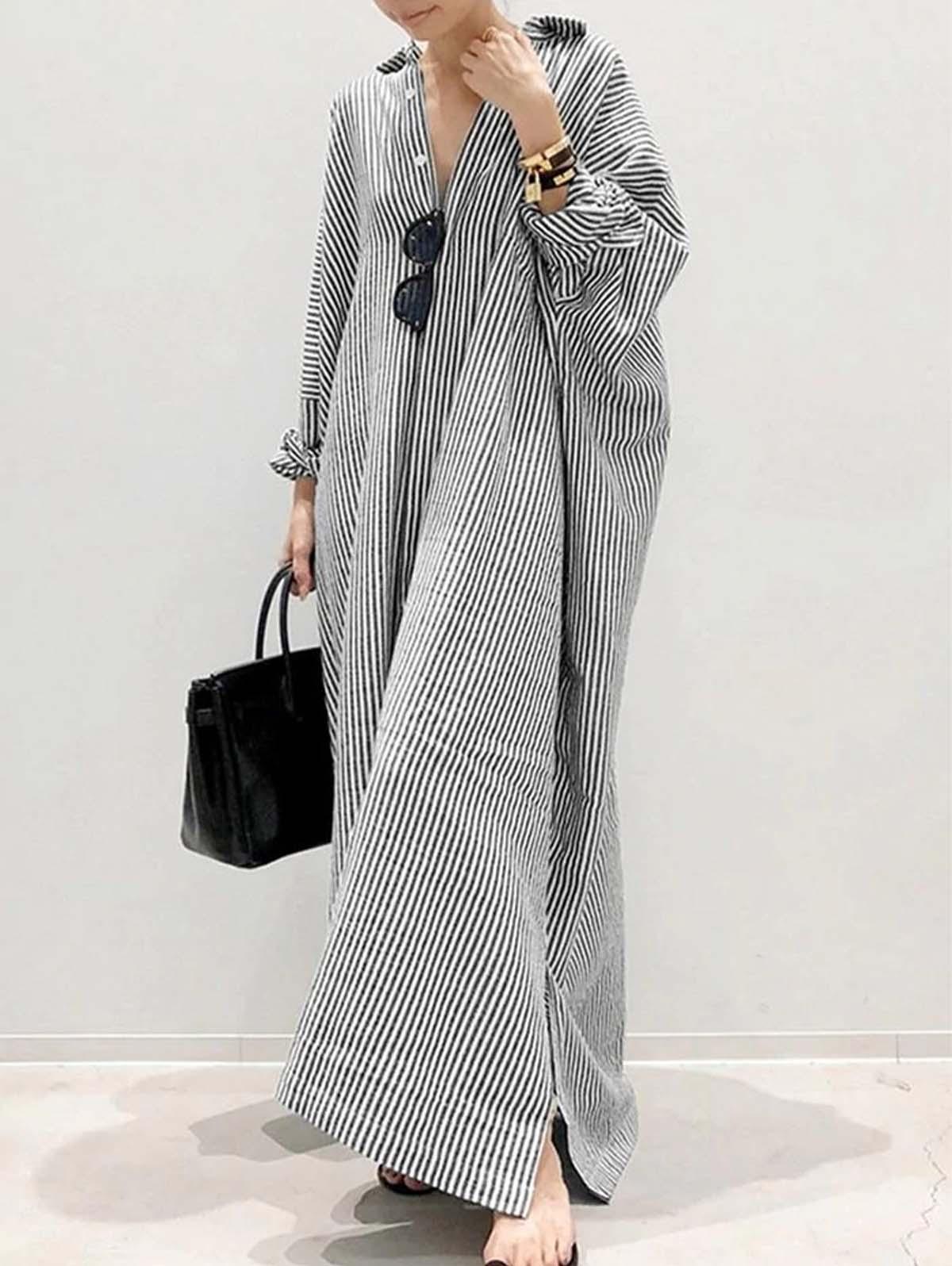 Puff Sleeve Stripe Printed Maxi Dress