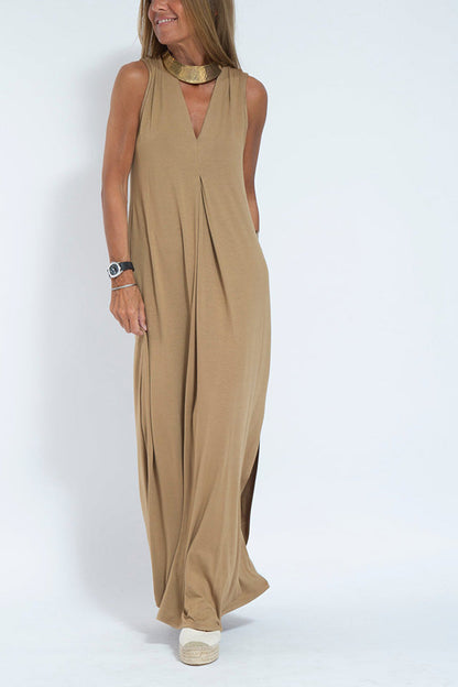 Elegant Is Eternal Knit Solid Color Sleeveless Slit Maxi Dress