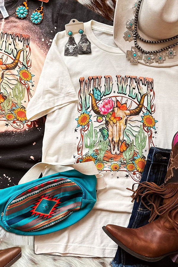 Wild West Floral Skull-Bleached T-Shirt