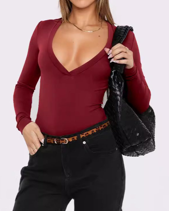 Y2K Solid Color Deep V-Neck Slim Fit Top