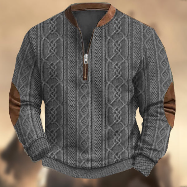 Men's Vintage Western Knit Print Zipper Stand Collar Casual Sweatshirt