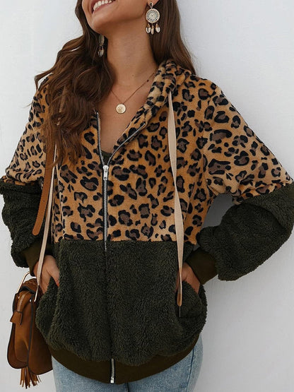 Women's Casual Leopard Print Patchwork Hooded Plush Jacket