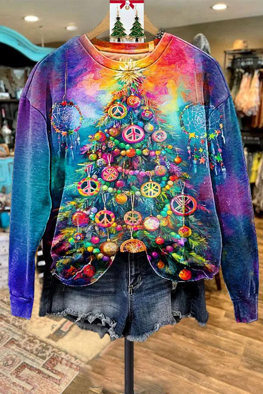 Vintage Hippie Christmas Tree Print Casual Sweatshirt