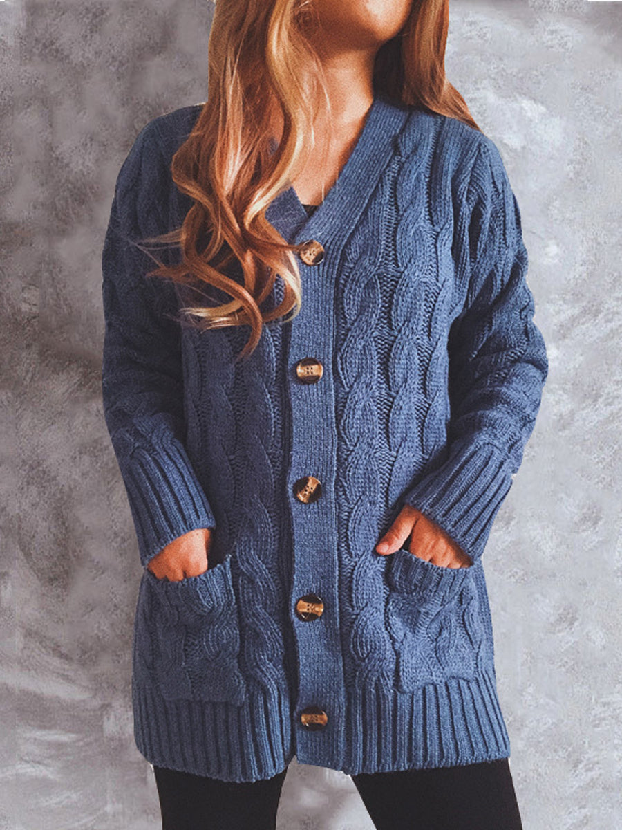 Casual Solid Color Pocket Long-Sleeved Sweater Cardigan