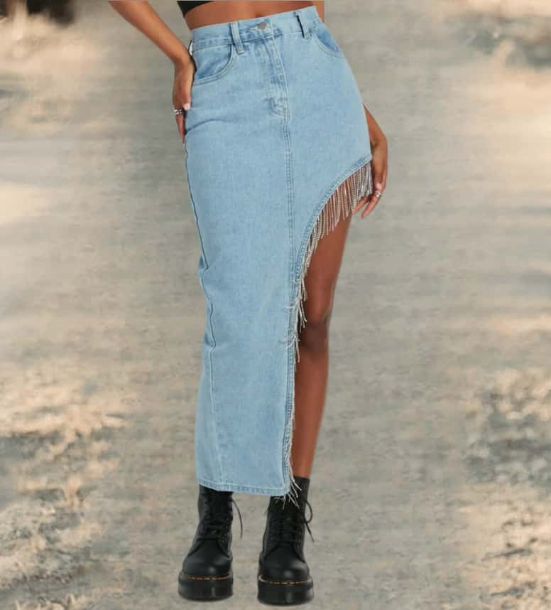 Glitzy Rhinestone Fringe High Slit Denim Maxi Skirt