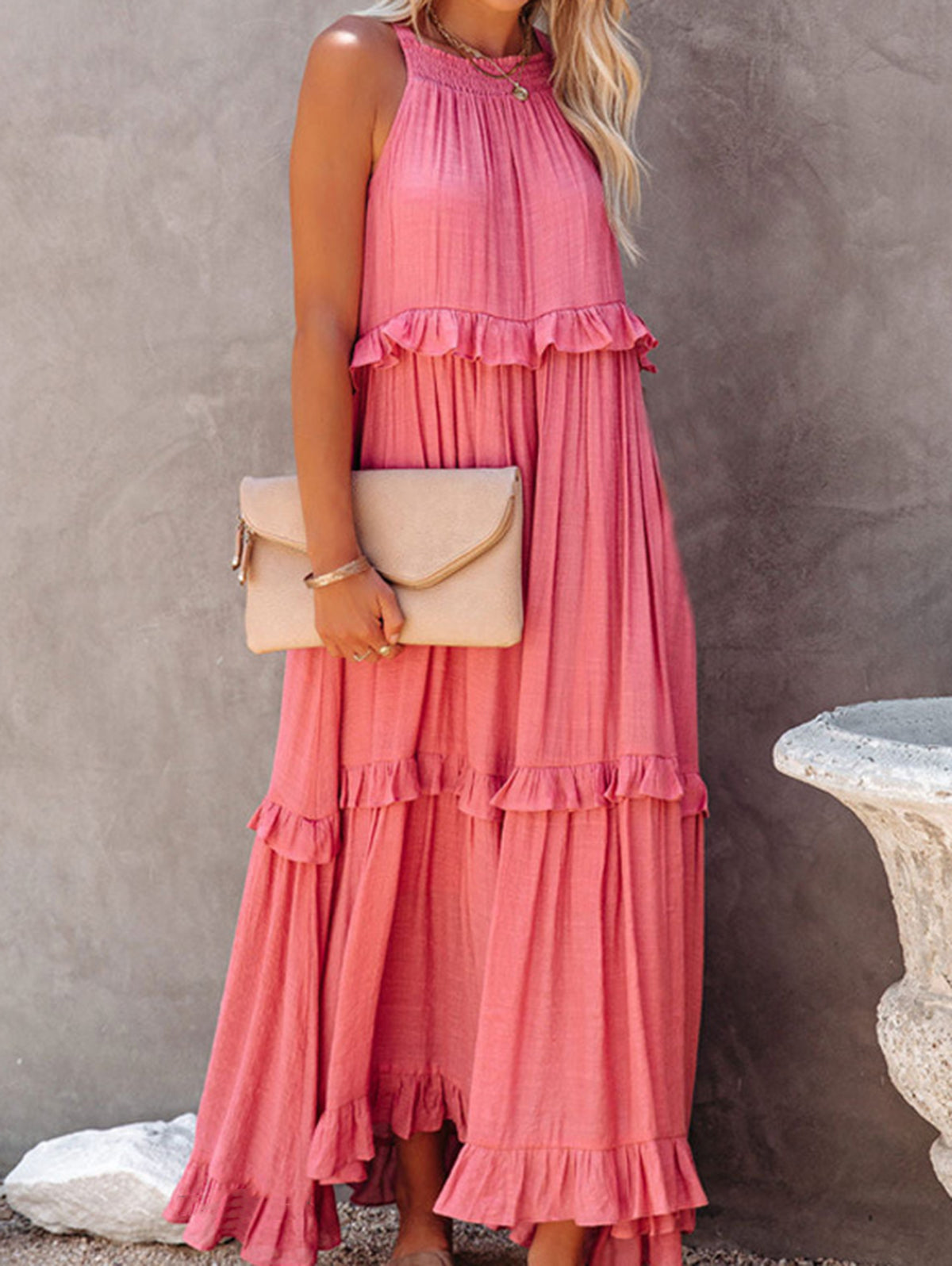 Casual Plain Ruffle Trim Smocking Sleeveless Maxi Dress