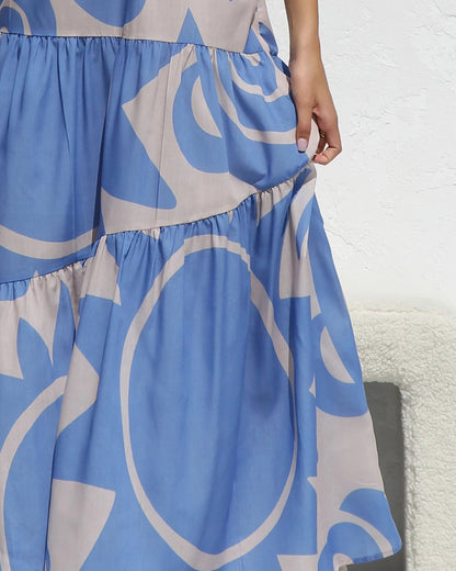 Simple Printed Suspender Maxi Dress with Large Skirt