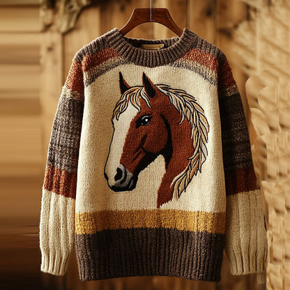 Vintage Horse Print Long Sleeve Knitted Pullover Sweater