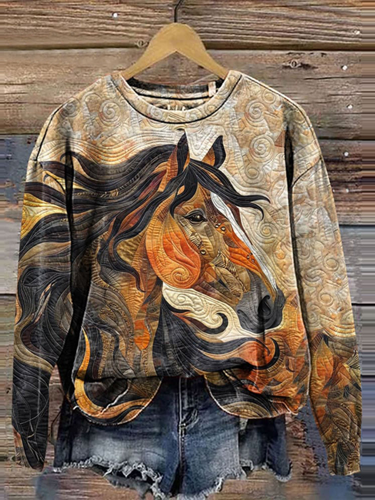 Vintage Western Horse Print Crew Neck Sweatshirt