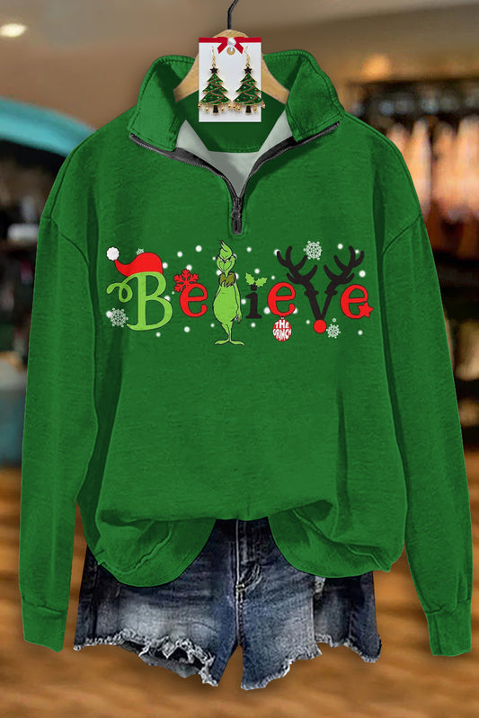 Classic Christmas Grinch Believe Print Zip-Up Sweatshirt