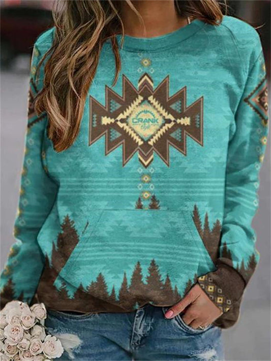 Western Ethnic Print Pocketed Casual Sweatshirt