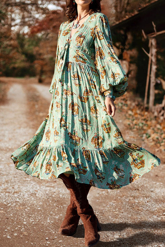 Western Cowgirl V-Neck Puff Sleeve Maxi Dress