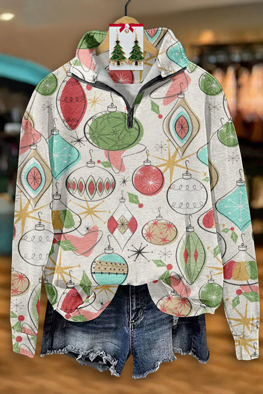 Vintage Christmas Print Zip-Up Sweatshirt