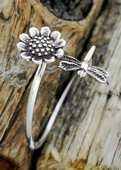 Sunflower Dragonfly Open Adjustable Alloy Ring