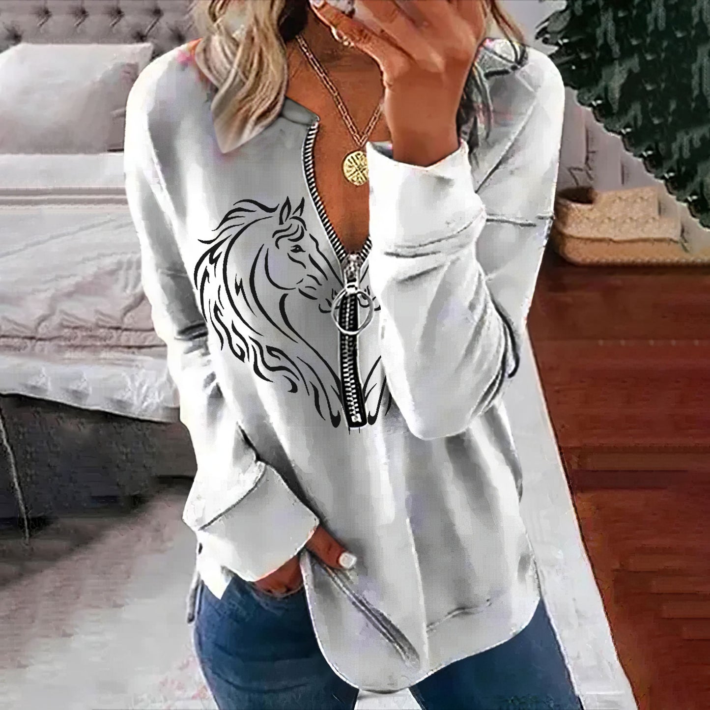 Casual Horse Heart Print Long Sleeve Sweatshirt