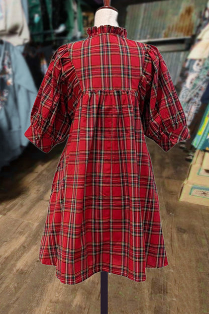 Plaid V-Neck Puff Sleeve Mini Dress