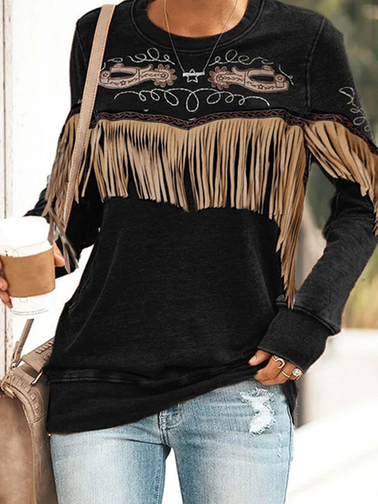 Casual Vintage Western Fringe Print Sweatshirt