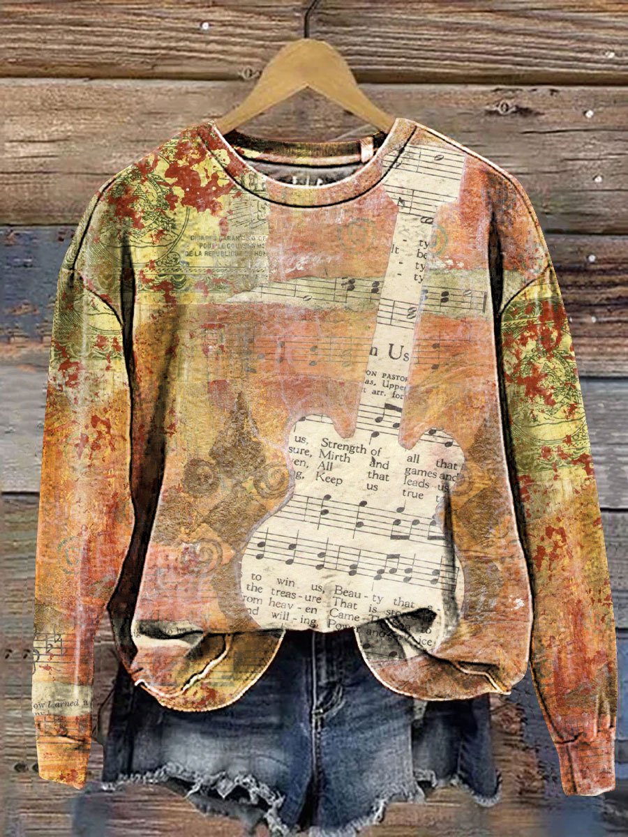 Vintage Newspaper Guitar Art Print Casual Sweatshirt