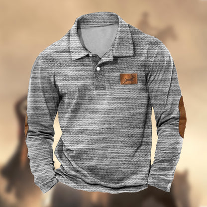 Men's Vintage Light Gray Texture Polo Shirt Outdoor Elk Hunting Casual Long Sleeve Top