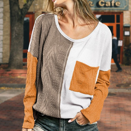 Cable knit color block round neck lightweight top