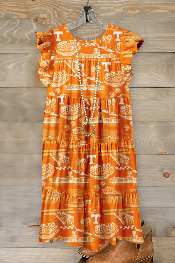 Cute Gameday Tennessee Volunteers Print Ruffled Pleated Dress