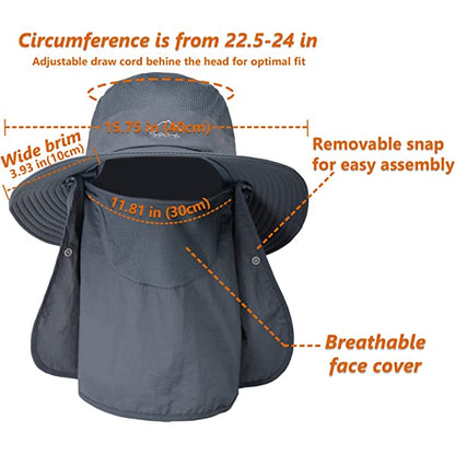 UPF 50+ Sun Fishing Hat for Men Women Wide Brim Hat with Detachable Face Cover & Neck Flap Khaki