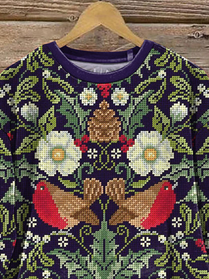 Cross Stitch Style Robin Bird Pattern Printed Casual Sweatshirt