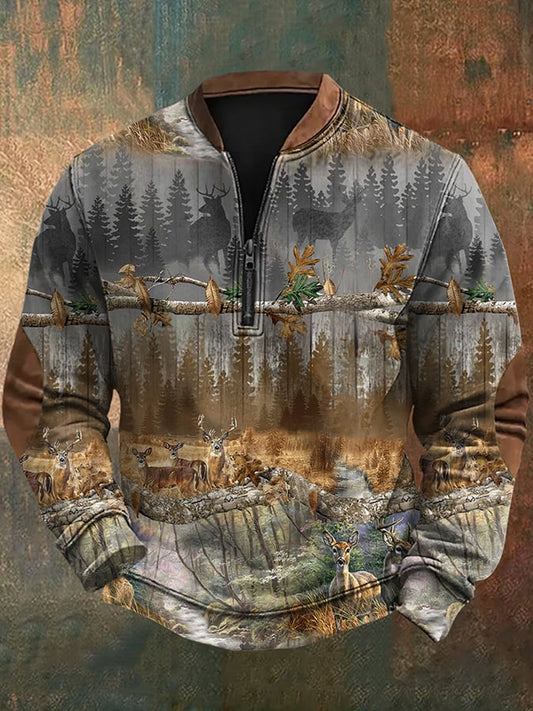 Men's Vintage Western Elk Print Zip-Up Sweatshirt