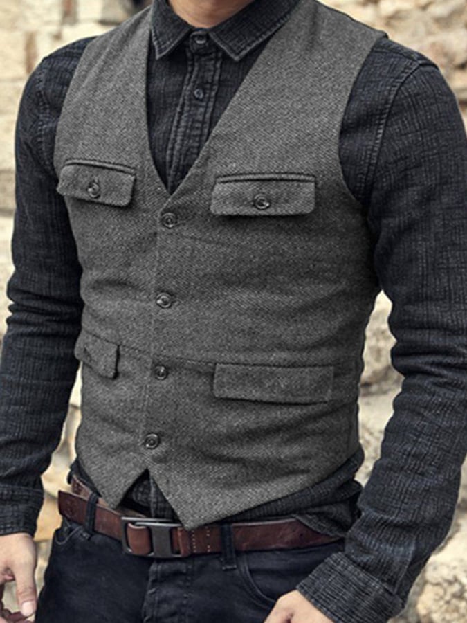 Temperament Men's Retro Single-Breasted Slim Wool Vest Vest