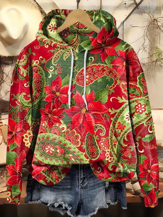 Vintage Christmas Match Colors Paisley Flowers Print Casual Hoodie Sweatshirt