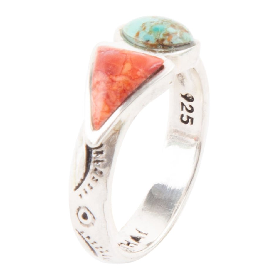 Turquoise and Coral Duo Sterling Silver Ring