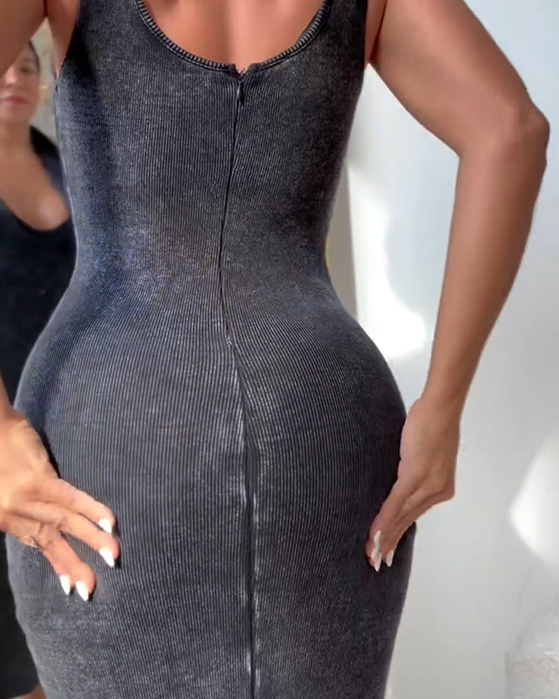 Ribbed Washed Zipper Bodycon Dress