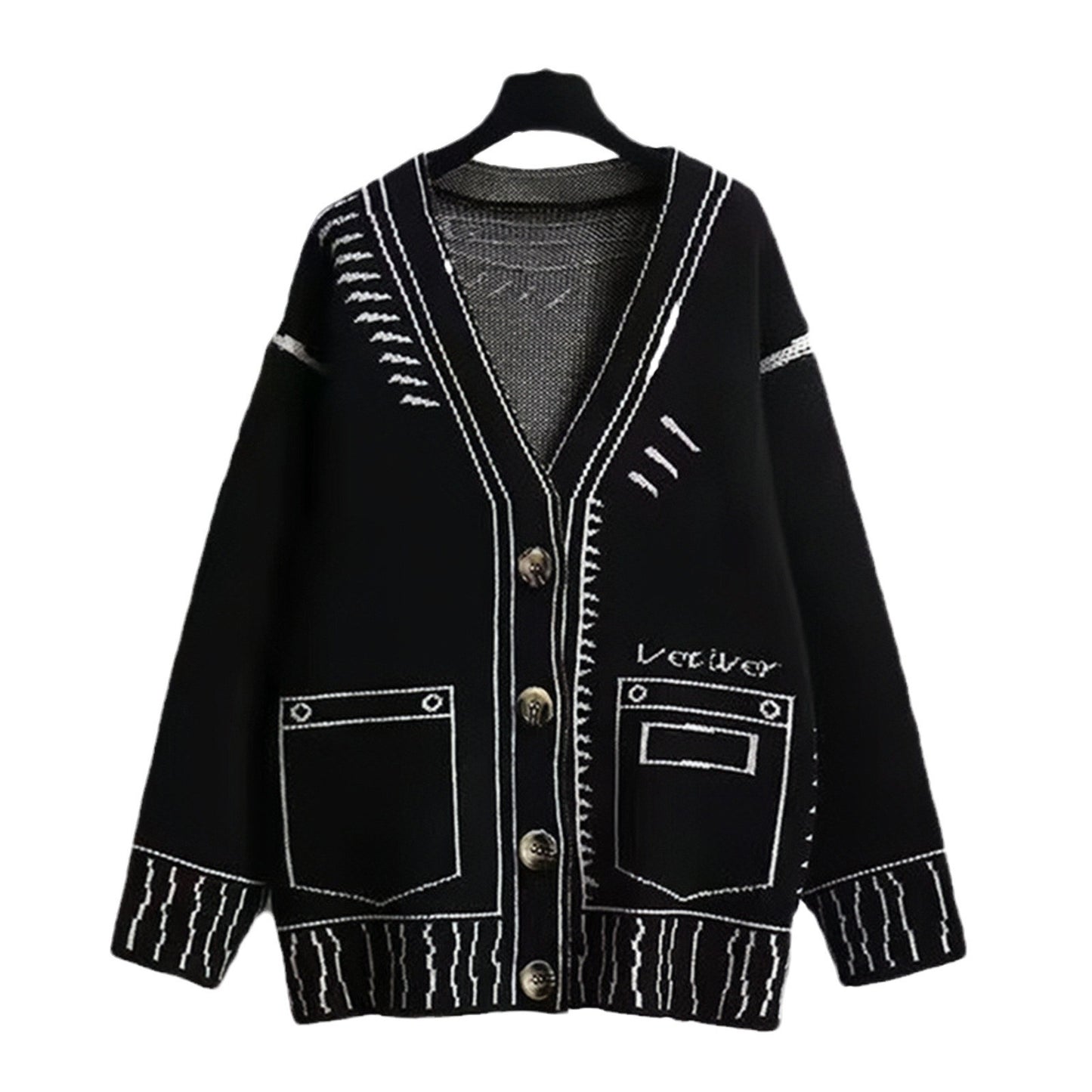 Sweater Black And White Profile Jacquard Loose Knitted Women's Cardigan