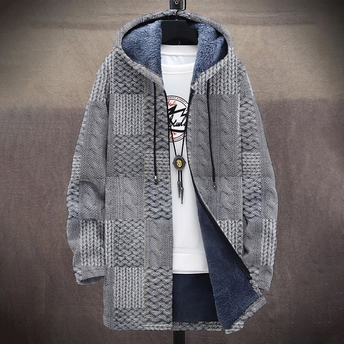 Men's Vintage Knitted Graphic Art Comfort Plush Hooded Coat