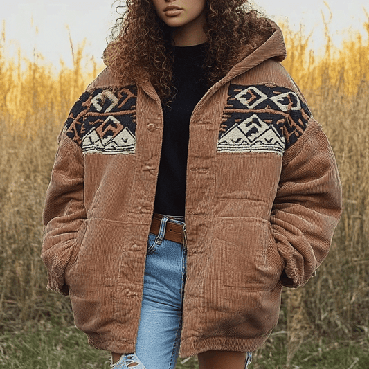 Women's Vintage Aztec Panel Corduroy Hooded Jacket