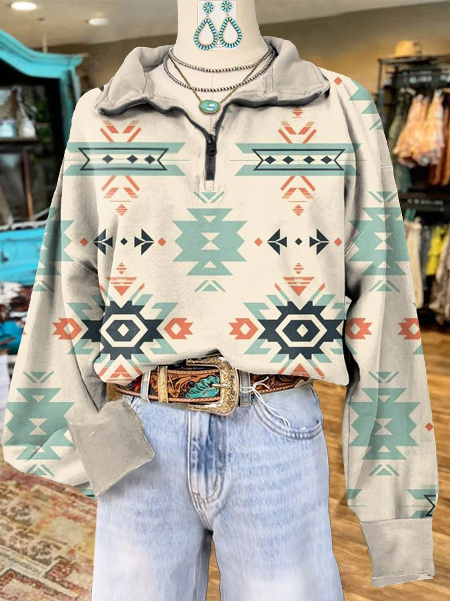 Aztec Print Casual Long Sleeve Zip Sweatshirt