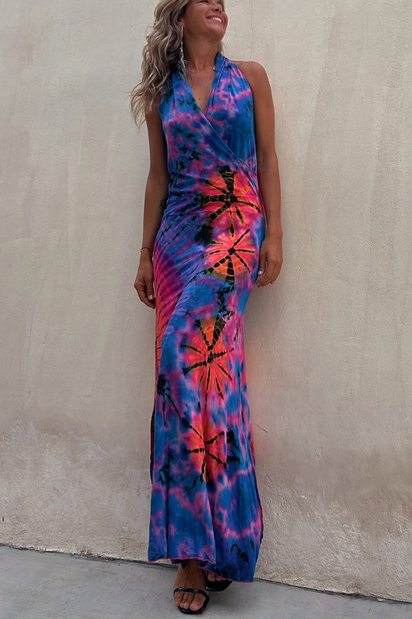 Krista Tie-dye Print Halter Backless Stretch Maxi Dress