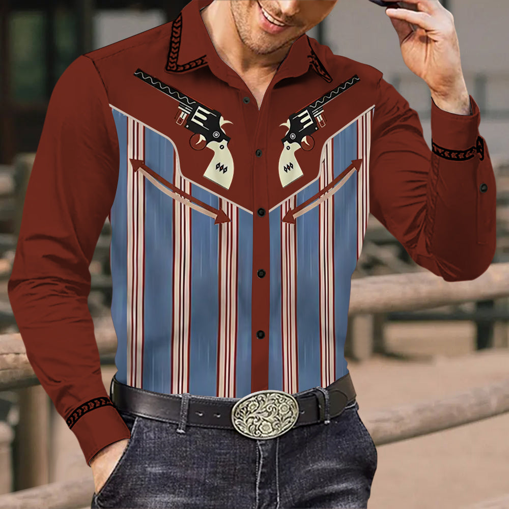 Men's Vintage Western Cowboy Red Dead Redemption Stripe Print Long Sleeve Shirt