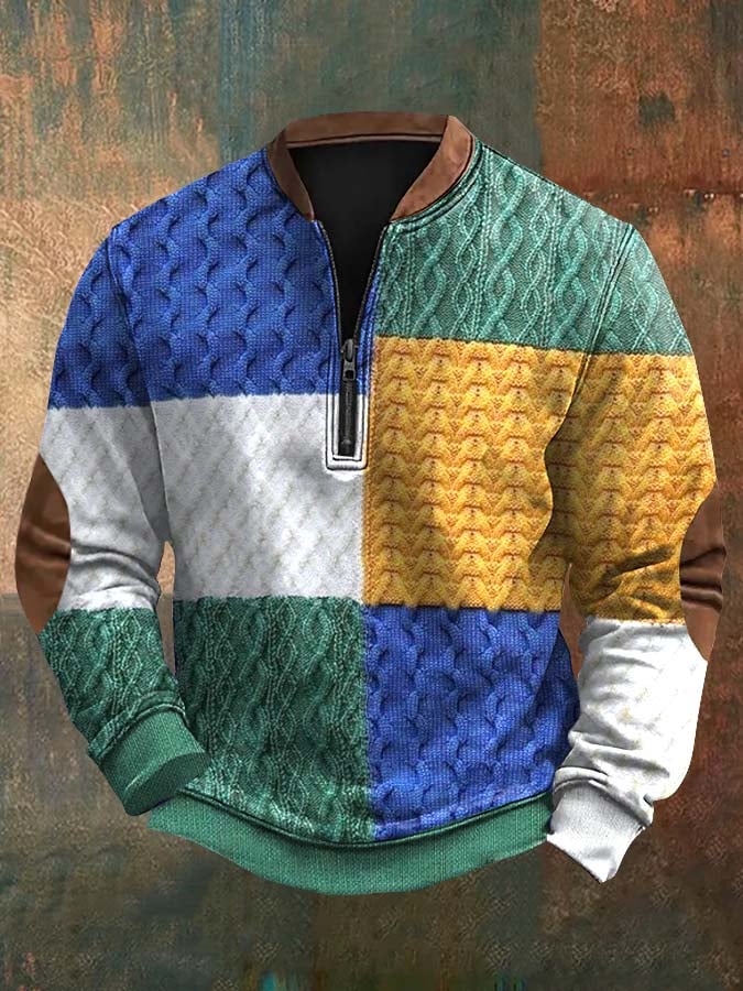 Men's Retro Western Print Zip-Up Sweatshirt