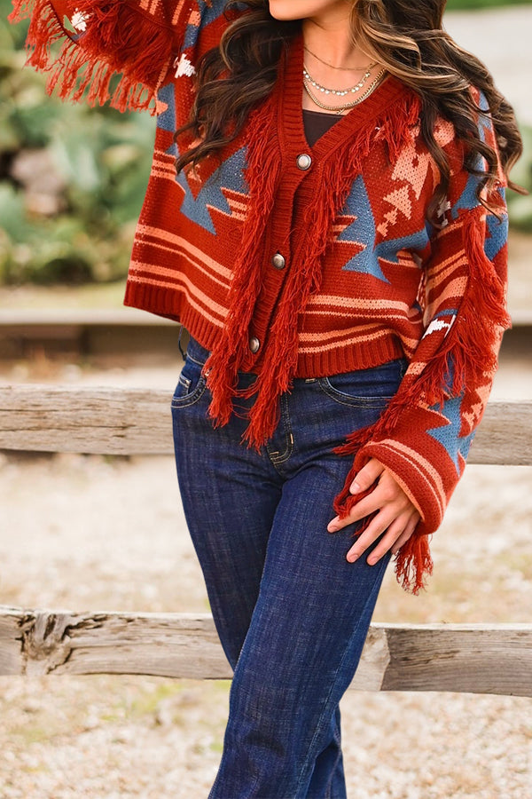 Aztec Pattern Fringed Knitted Cardigan