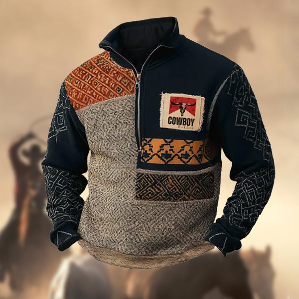 Men's Retro Yellowstone Ethnic Style Pattern Splicing Print Zipper Stand Collar Outdoor Sweatshirts