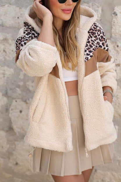 Women's casual patchwork leopard print hooded sherpa short coat