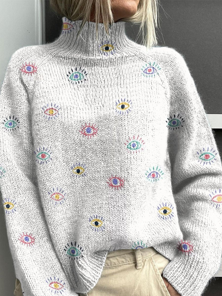 Colorful Eyes Art Print Knit Turtleneck Pullover Sweater