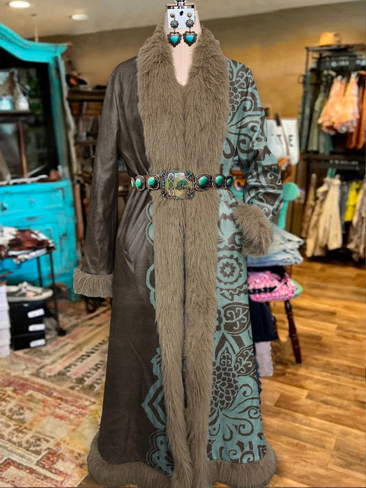 Women's Brown Vintage Flowers Printed Fur Patchwork Suede Long Afghan Coat