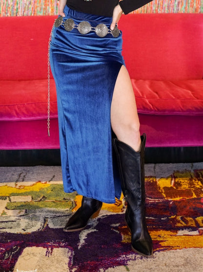 Retro Blue Silk Slit Skirt