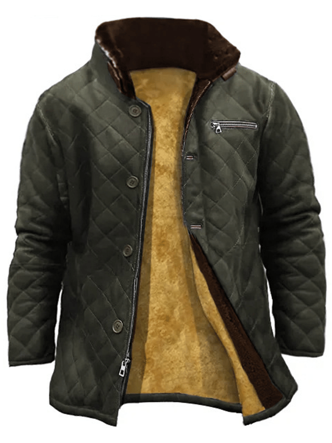 Men's Fashionable Open Pocket Button Design Quilting Imitation Leather Plush Warm Coat