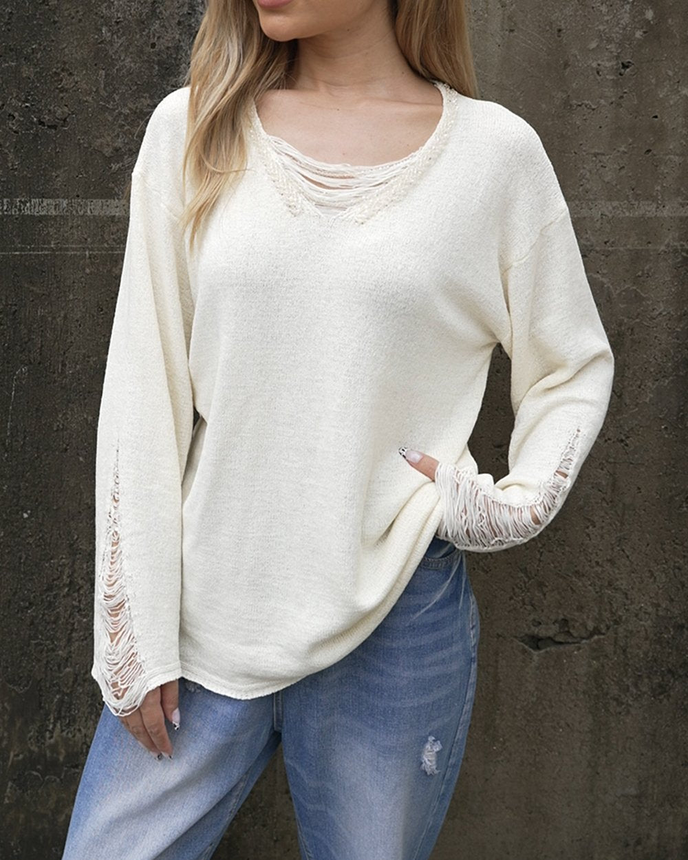 Women's Fashionable V-neck Beaded Sweater Tops