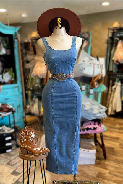 Vintage Scoop Back Denim Midi Dress